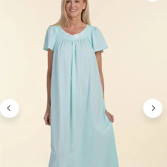 NWT Miss Elaine Aqua Nightgown with Floral Embroidery & Silky Size XL - Picture 1 of 3